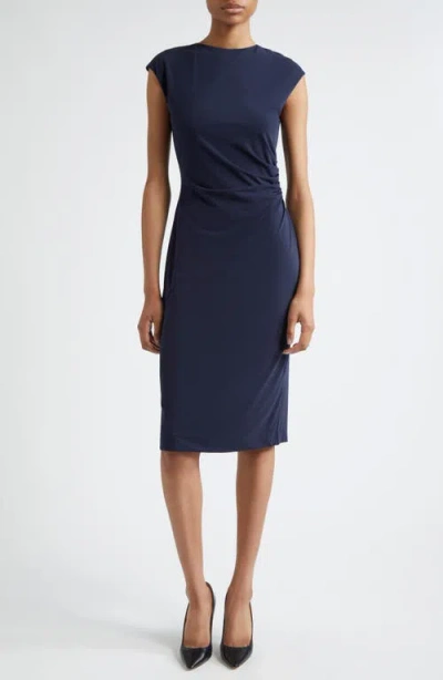 Emporio Armani Ruched Sheath Dress In Solid Blue Navy