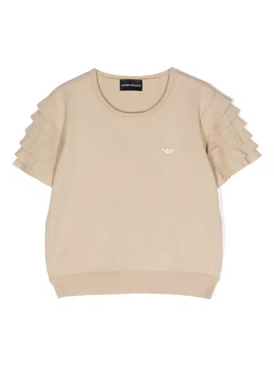 Emporio Armani Kids' Ruffled-sleeve Knitted T-shirt In Neutrals