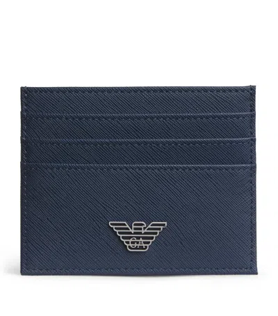 Emporio Armani Saffiano Leather Card Holder In Blue