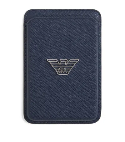 Emporio Armani Saffiano Leather Phone Card Holder In Blue