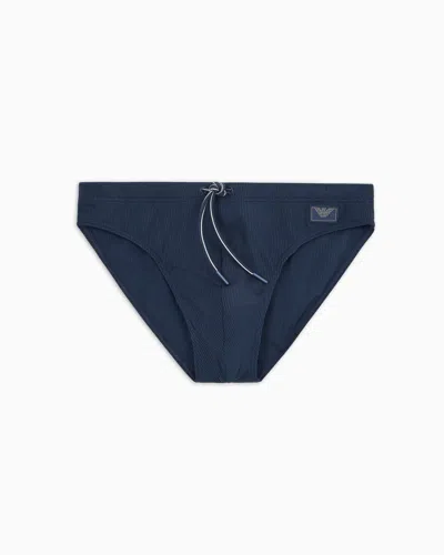 Emporio Armani Satin Label Piqué Low-rise Swim Briefs In Navy Blue