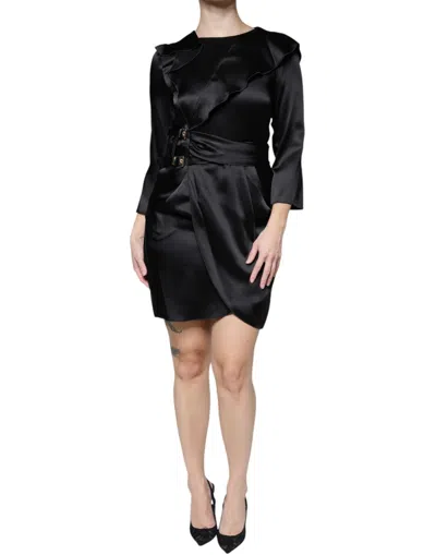 Pre-owned Emporio Armani Satin Long Sleeves Wrap Sheath Mini Women's Dress () In Black