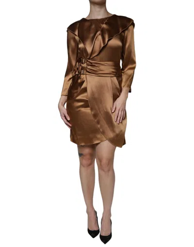 Pre-owned Emporio Armani Satin Long Sleeves Wrap Sheath Mini Women's Dress () In Brown