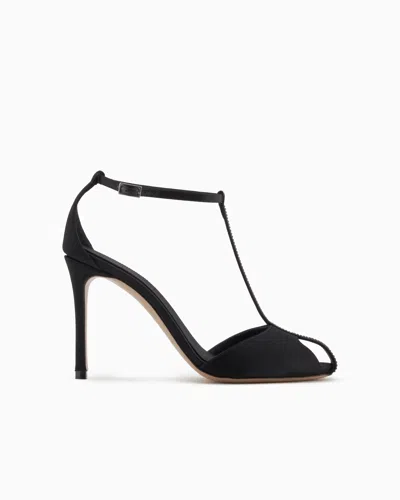 Emporio Armani Satin T-bar Sandals With Rhinestones In Black