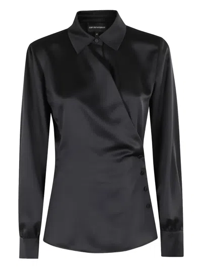 Emporio Armani Satin Wrap Blouse In Black