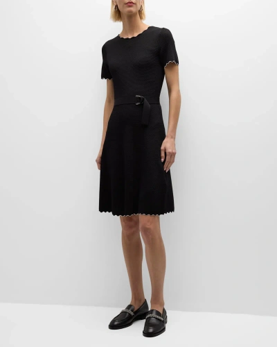 Emporio Armani Scallop Trim Buckled Knit Dress In Solid Black