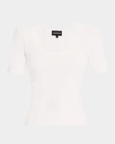 Emporio Armani Scalloped Scoop-neck Stretch Milano Blouse In White