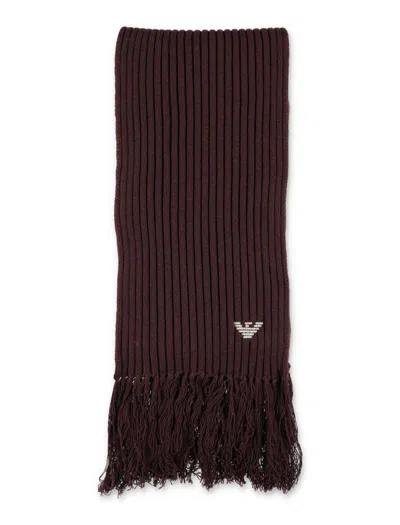 Emporio Armani Sv Knitted Scarf With Eagle Embroidery In Brown