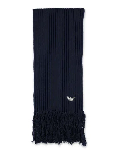 Emporio Armani Sv Knitted Scarf With Eagle Embroidery In Blue
