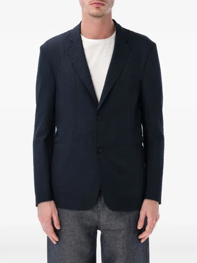 Emporio Armani Icon Printed Technical-seersucker Single-breasted Jacket In Blue