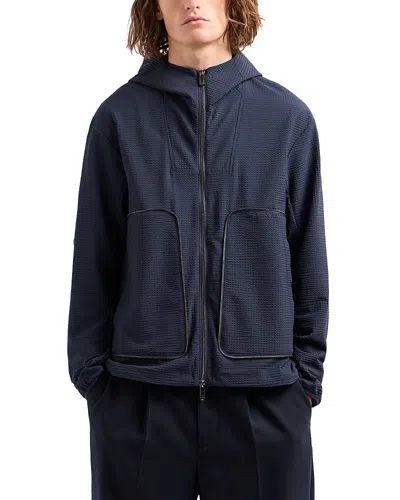 Emporio Armani Seersucker Hooded Jacket In Blue Navy