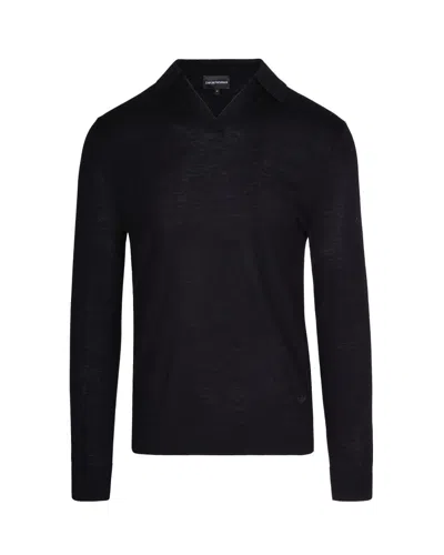 Emporio Armani Semi-transparent Virgin Wool Knit Pullover With Shirt Collar In Black