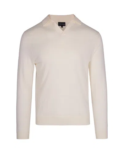 Emporio Armani Semi-transparent Virgin Wool Knit Top With V-neck And Shirt Collar In White