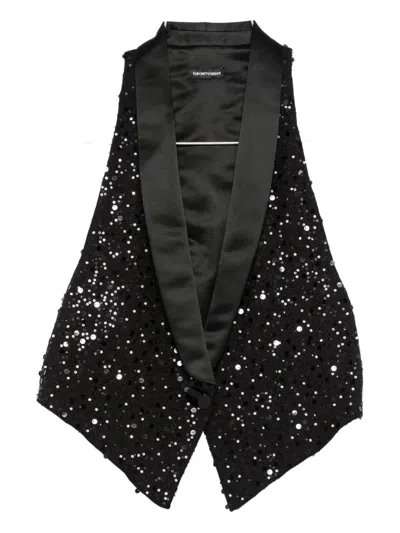 Emporio Armani Georgette Waistcoat With All-over Beads And Sequins In Black