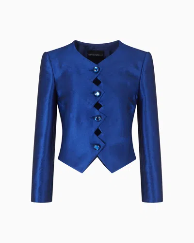 Emporio Armani Shantung-effect Fabric Jacket With Zig-zag Fastening In Blue