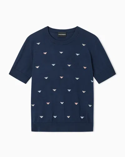 Emporio Armani Shaved Cotton Sweater With Allover Embroidery In Blue