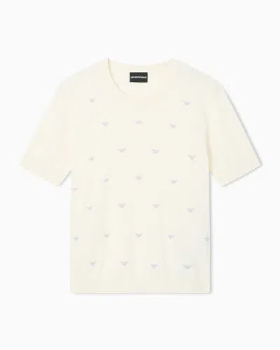 Emporio Armani Shaved Cotton Sweater With Allover Embroidery In Neutral