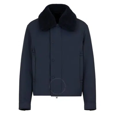 Emporio Armani Shearling Collar Nylon Twill Jacket In Blue