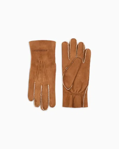Emporio Armani Shearling Lambskin Gloves In Brown