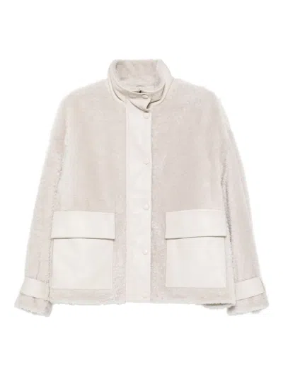 Emporio Armani Shearling Leather Jacket In Neutral