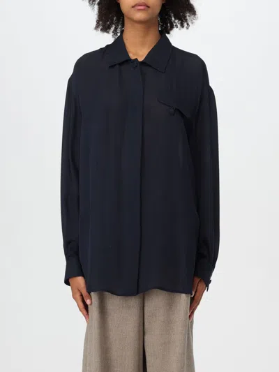 Emporio Armani Band Collar Textured Shirt With Button Detail In Blue
