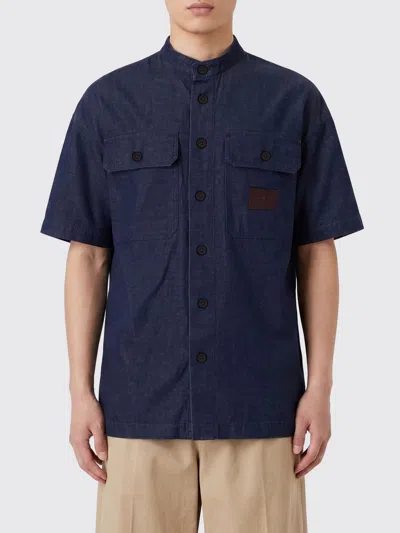 Emporio Armani Casual Chambray Shirt With Guru Collar And Flap Pockets In Blue