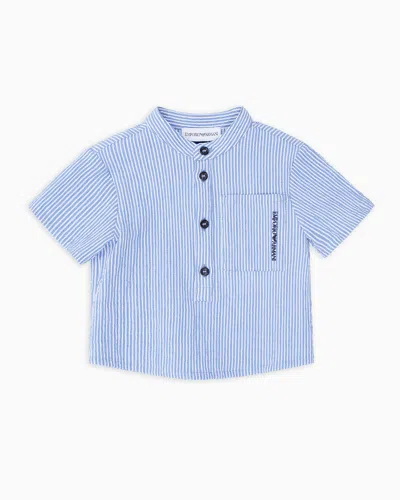 Emporio Armani Kids' Shirt With Guru Collar And Logo Embroidery In Light Blue