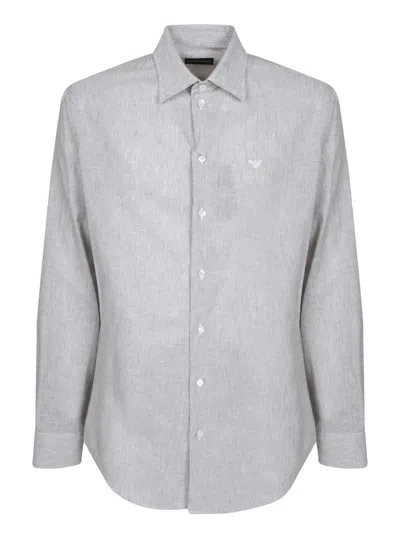 Emporio Armani White/light Blue Striped Linen-cotton Shirt In Brown