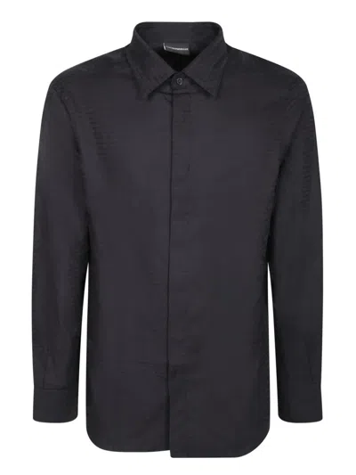 Emporio Armani Cotton Shirt With All-over Logo In Blue In Black