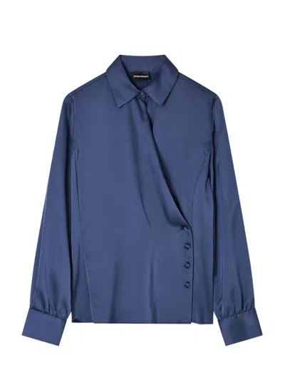 Emporio Armani Wrap Front Collared Shirt With Buttoned Cuffs In Blue
