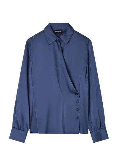 Emporio Armani Wrap Front Collared Shirt With Buttoned Cuffs In Blue