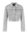 Emporio Armani Cropped 12.5 oz Denim Jacket With All-over Rhinestone Logo In Gray