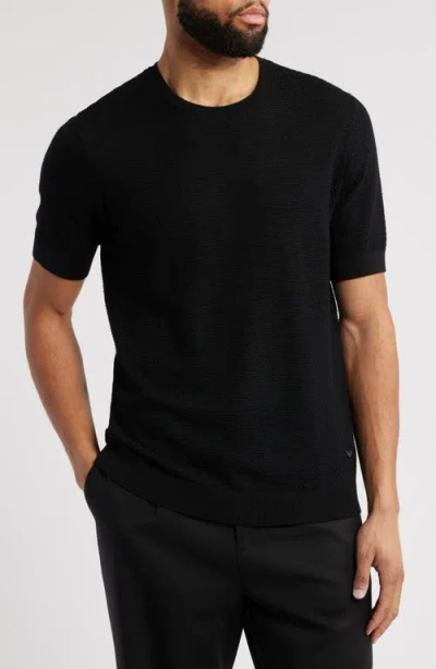 Emporio Armani Short Sleeve Textured Wool Crewneck Sweater In Black