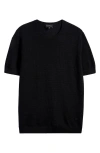 Emporio Armani Short Sleeve Textured Wool Crewneck Sweater In Solid Black