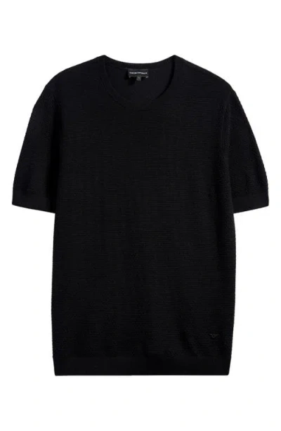 Emporio Armani Short Sleeve Textured Wool Crewneck Sweater In Solid Black