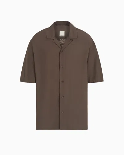 Emporio Armani Short-sleeved Modal Shirt With Oversized Print From The Peace Capsule Collection In Brown