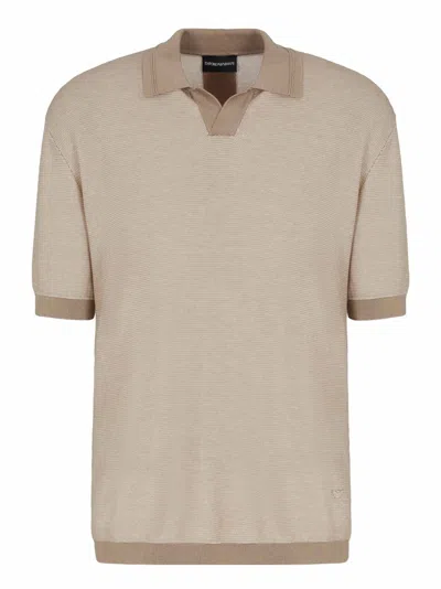 Emporio Armani Short-sleeved Polo Shirt In Fabric Blend In Beige