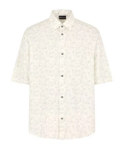 Emporio Armani Asv Lyocell-blend Short-sleeved Shirt With All-over Eagle And Seaside Theme Print In Marine/bianco
