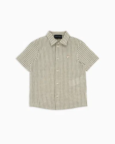 Emporio Armani Kids' Short-sleeved Striped Shirt In A Linen Blend In Beige