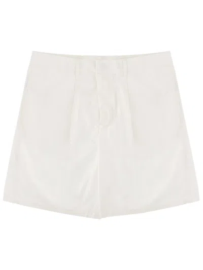 Emporio Armani Flat Front Subtle Pleats Cotton Shorts In White