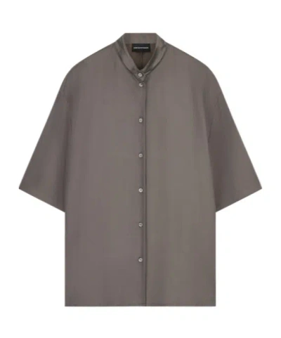 Emporio Armani Short-sleeve Band-collar Shirt In Black