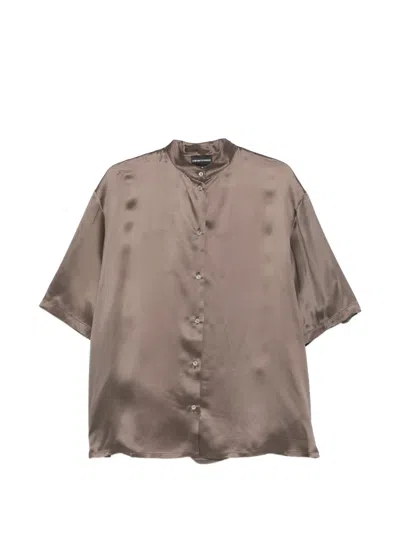 Emporio Armani Short-sleeve Band-collar Shirt In Brown
