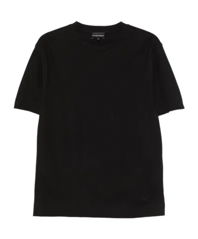 Emporio Armani Textured Cotton Crew Neck Short Sleeve Shirt In Black