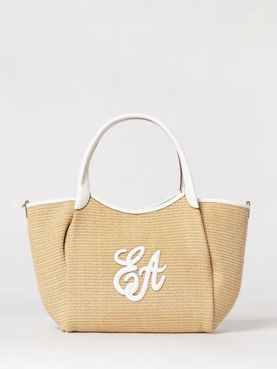 Emporio Armani Woven Straw Medium Natural White Shopper Bag In Blue