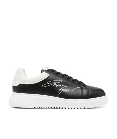 Emporio Armani Signature Logo-print Leather Sneakers In Black