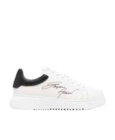 Emporio Armani Signature Logo-print Leather Sneakers In White