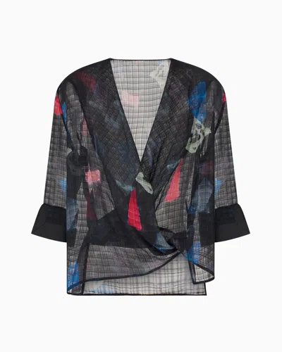 Emporio Armani Silk Blouse With Torchon With Micro Check Motif And Abstract Print In Multicolor