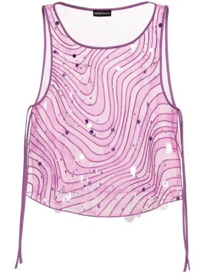 Emporio Armani Official Store Silk Organza Top With Embroidery And Sequins In A Sand Dune Motif In Pink