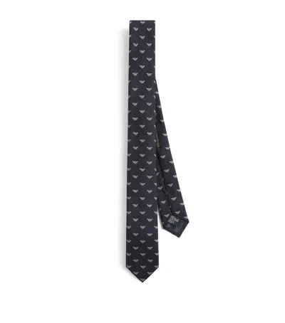 Emporio Armani Silk Logo Jacquard Tie In Blue