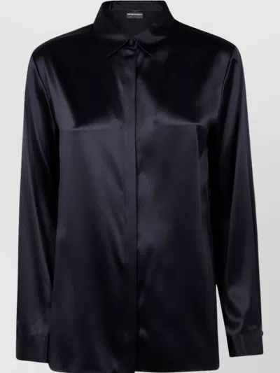 Emporio Armani Silk Shirt With Buttoned Cuffs And Spread Collar In Black